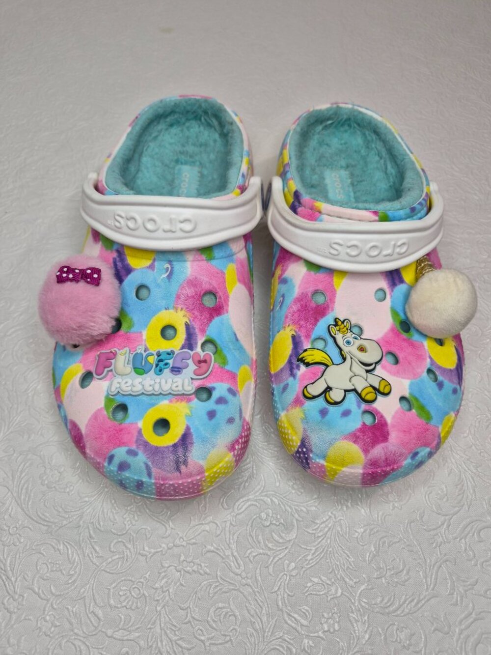 Disney Crocs W8 M6 Pixar Toy Story Fluffy Unicorn Fleece Lined Slip On Clogs